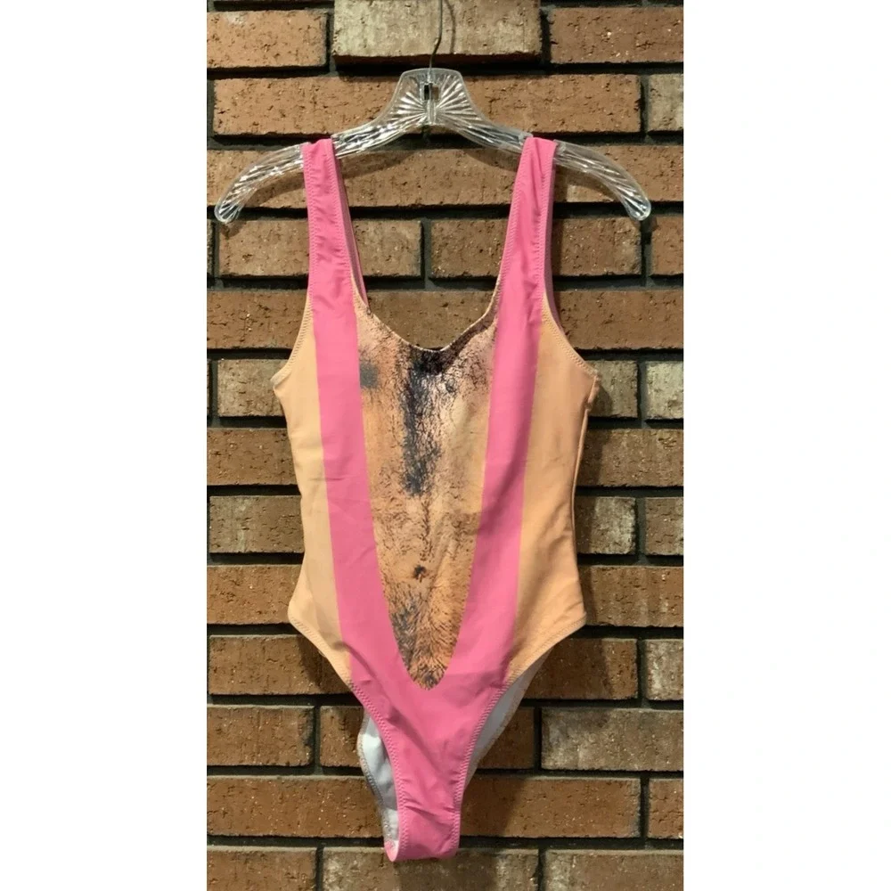 Womens 1 pc Swimsuit Hairy Chest and Back Pink String Bathing Suit Funny Size S - Picture 1 of 2